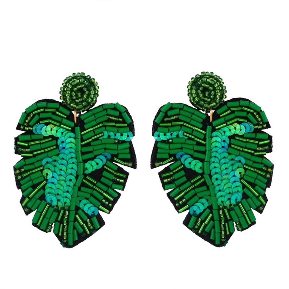 New Big Green Palm Leaf Beaded Handmade Earrings - Picture 4 of 6